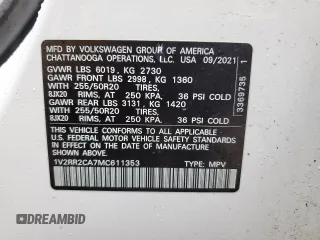 2021 Volkswagen Atlas SE with VIN 1V2RR2CA7MC611353, listed as a Copart auction lot 57562115 with 91,619 mi miles and Salvage title. Bid and sale history available at DreamBid. Image 13.