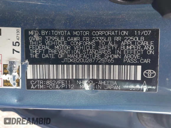 2008 Toyota Prius with VIN JTDKB20U287725765, listed as a IAAI auction lot 42677118 with 251,506 mi miles and . Bid and sale history available at DreamBid. Image 9.