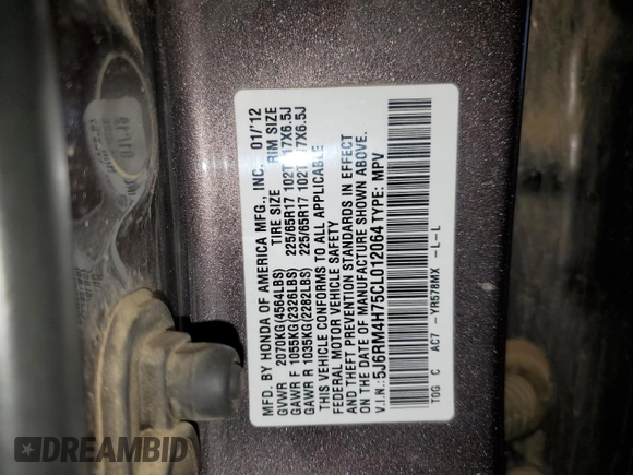 2012 Honda CR-V EX-L with VIN 5J6RM4H75CL012064, listed as a Copart auction lot 51530685 with 190,779 mi miles and Salvage Title. Bid and sale history available at carsss.com. Image 14.