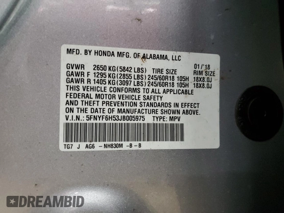 2018 Honda Pilot EX-L with VIN 5FNYF6H53JB005975, listed as a Copart auction lot 46152165 with 78,035 mi miles and Salvage Title. Bid and sale history available at DreamBid. Image 14.