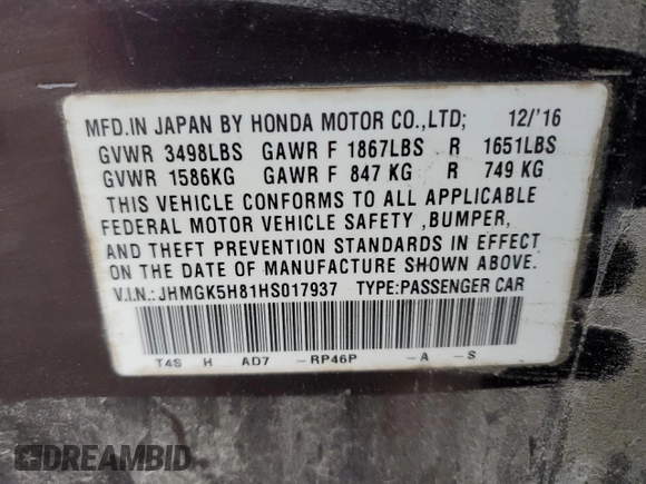 2017 Honda Fit EX-L with VIN JHMGK5H81HS017937, listed as a Copart auction lot 77972994 with 61,482 mi miles and Salvage Title. Bid and sale history available at DreamBid. Image 12.