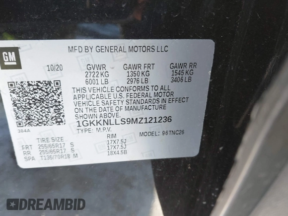 2021 GMC Acadia AT4 with VIN 1GKKNLLS9MZ121236, listed as a IAAI auction lot 41192159 with 43,110 mi miles. Bid and sale history available at carsss.com. Image 9.