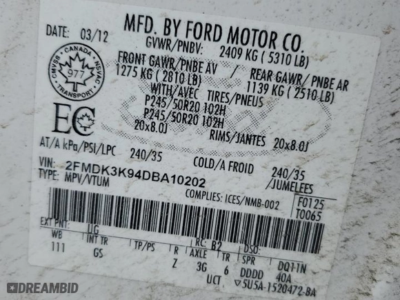 2013 Ford Edge Limited with VIN 2FMDK3K94DBA10202, listed as a Copart auction lot 47554345 with 200,436 mi miles and Salvage Title. Bid and sale history available at carsss.com. Image 16.