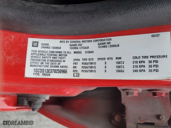 2007 Chevrolet Colorado LT w/2LT with VIN 1GCDS13E378250966, listed as a Copart auction lot 37726424 with 220,917 mi miles and Salvage Title. Bid and sale history available at carsss.com. Image 12.