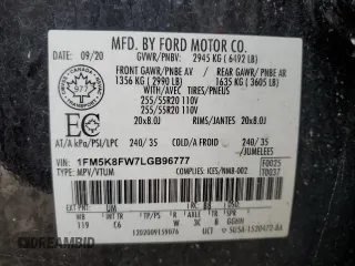2020 Ford Explorer Limited with VIN 1FM5K8FW7LGB96777, listed as a Copart auction lot 47564175 with 0 mi miles and Salvage Title. Bid and sale history available at carsss.com. Image 14.