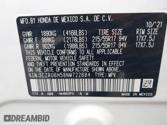 2022 Honda HR-V EX with VIN 3CZRU6H58NM722684, listed as a IAAI auction lot 41893049 with 18,346 mi miles. Bid and sale history available at carsss.com. Image 9.