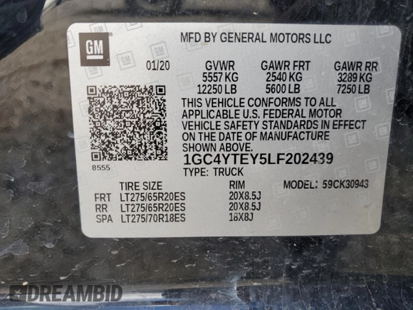 2020 Chevrolet Silverado 3500HD LT with VIN 1GC4YTEY5LF202439, listed as a Copart auction lot 54038494 with 89,695 mi miles and Salvage Title. Bid and sale history available at carsss.com. Image 12.