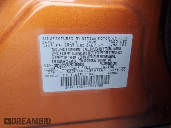 2019 Nissan Kicks S z VIN 3N1CP5CU2KL491930, wystawiony jako Copart lot #61214685 z przebiegiem 83 965 mil mil oraz Szkoda całkowita • Salvage title. Historia ofert i sprzedaży dostępna na DreamBid. Obrazek 12.
