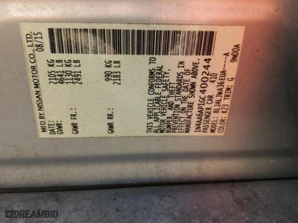 2016 Nissan Maxima 3.5 SL with VIN 1N4AA6AP1GC400244, listed as a Copart auction lot 48382975 with 195,865 mi miles and Salvage Title. Bid and sale history available at carsss.com. Image 13.