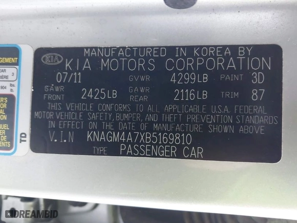 2011 Kia Optima LX with VIN KNAGM4A7XB5169810, listed as a IAAI auction lot 40855136 with 147,541 mi miles. Bid and sale history available at carsss.com. Image 9.