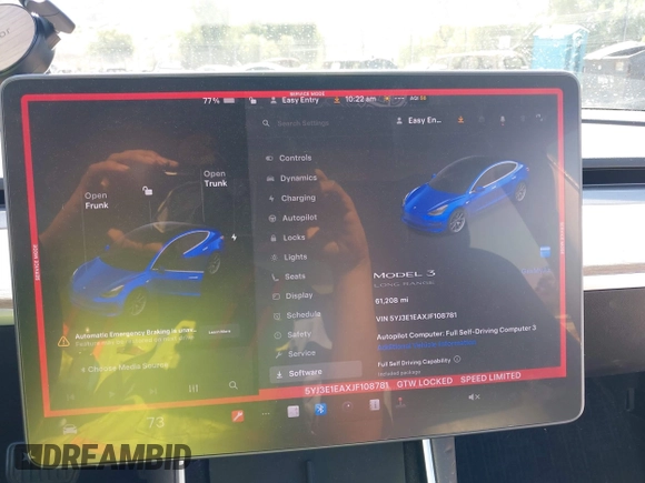 2018 Tesla Model 3 Long Range Battery with VIN 5YJ3E1EAXJF108781, listed as a IAAI auction lot 41962628 with 61,208 mi miles and . Bid and sale history available at DreamBid. Image 7.