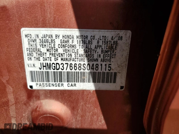 2008 Honda Fit Sport with VIN JHMGD37668S048115, listed as a Copart auction lot 53116275 with 114,050 mi miles and Clean Title. Bid and sale history available at carsss.com. Image 12.