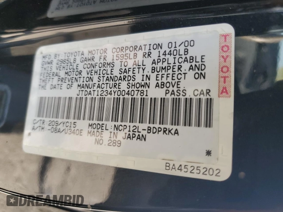 2000 Toyota ECHO with VIN JTDAT1234Y0040781, listed as a Copart auction lot 87408064 with 158,235 mi miles and Salvage Title. Bid and sale history available at DreamBid. Image 14.