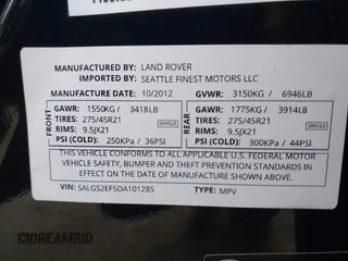 2013 Land Rover Range Rover SC with VIN SALGS2EF5DA101285, listed as a IAAI auction lot 42225090 with 91,182 mi miles and . Bid and sale history available at DreamBid. Image 9.