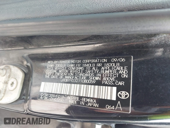 2007 Toyota Yaris with VIN JTDBT923271080059, listed as a IAAI auction lot 42142312 with 1 mi miles. Bid and sale history available at carsss.com. Image 9.