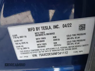 2022 Tesla Model X with VIN 7SAXCDE58NF341112, listed as a IAAI auction lot 41632491 with Not Provided miles and . Bid and sale history available at DreamBid. Image 9.