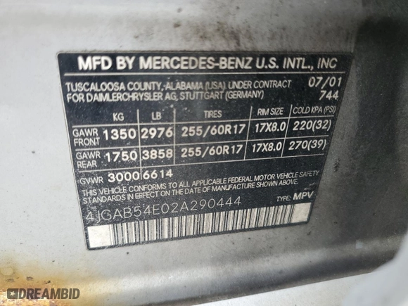 2002 Mercedes-Benz M-Class with VIN 4JGAB54E02A290444, listed as a Copart auction lot 88988025 with 197,816 mi miles and Non Repairable. Bid and sale history available at carsss.com. Image 14.