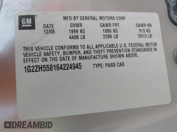 2006 Pontiac G6 GT with VIN 1G2ZH558164224945, listed as a IAAI auction lot 42715067 with 225,233 mi miles and . Bid and sale history available at DreamBid. Image 9.