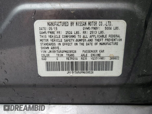 2015 Infiniti Q50 Premium с VIN JN1BV7AR4FM409526, выставлен на аукционе Copart как лот 64749215 с пробегом 82 952 миль миль и Списание • Salvage title. История ставок и продаж доступна на DreamBid. Изображение 13.