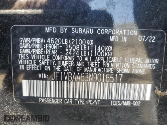 2022 Subaru WRX with VIN JF1VBAA63N9016517, listed as a Copart auction lot 50558085 with 45,466 mi miles and Salvage title. Bid and sale history available at DreamBid. Image 15.
