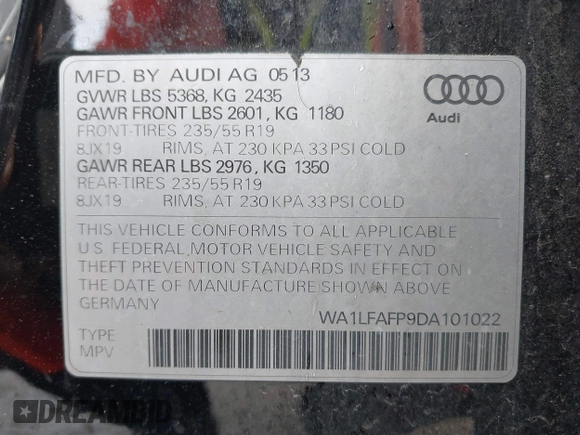 2013 Audi Q5 Premium Plus with VIN WA1LFAFP9DA101022, listed as a IAAI auction lot 42143862 with 229,056 mi miles and . Bid and sale history available at DreamBid. Image 9.