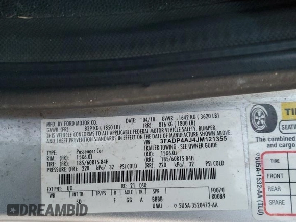 2018 Ford Fiesta S z VIN 3FADP4AJ4JM121355, wystawiony jako Copart lot #88161545 z przebiegiem Nie podano mil oraz Szkoda całkowita • Salvage title. Historia ofert i sprzedaży dostępna na DreamBid. Obrazek 13.
