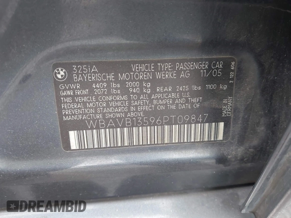 2006 BMW 3 Series 325i with VIN WBAVB13596PT09847, listed as a IAAI auction lot 42444103 with 215,179 mi miles and . Bid and sale history available at DreamBid. Image 9.