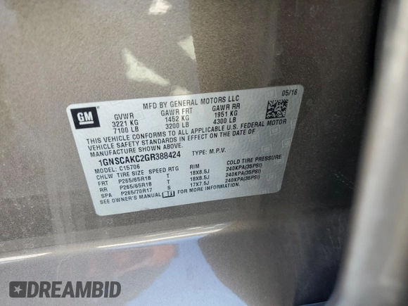 2016 Chevrolet Tahoe LS with VIN 1GNSCAKC2GR388424, listed as a Copart auction lot 49662755 with 139,652 mi miles and Salvage title. Bid and sale history available at DreamBid. Image 15.
