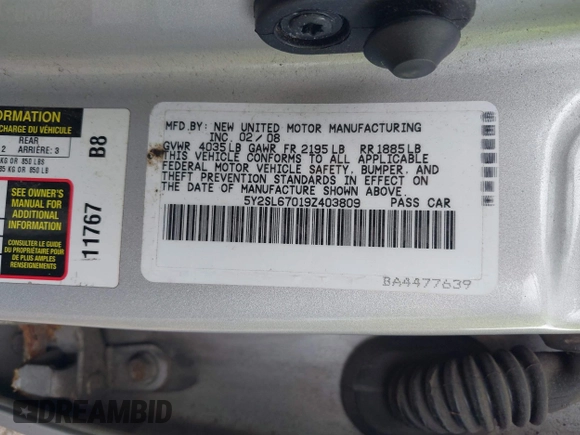 2009 Pontiac Vibe 1SB с VIN 5Y2SL67019Z403809, выставлен на аукционе IAAI как лот 42823402 с пробегом 168 130 миль миль и . История ставок и продаж доступна на DreamBid. Изображение 9.