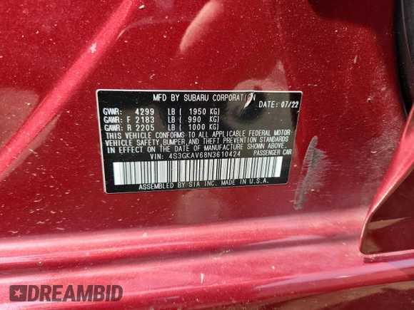 2022 Subaru Impreza Premium z VIN 4S3GKAV68N3610424, wystawiony jako Copart lot #64236565 z przebiegiem 70 510 mil mil oraz Szkoda całkowita • Salvage title. Historia ofert i sprzedaży dostępna na DreamBid. Obrazek 12.
