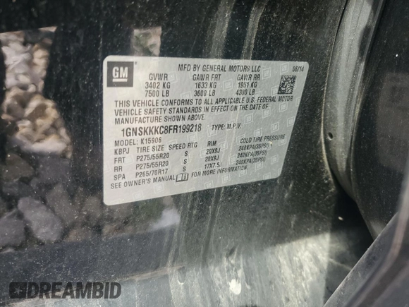 2015 Chevrolet Suburban LTZ with VIN 1GNSKKKC8FR199218, listed as a Copart auction lot 64147184 with 181,676 mi miles and Salvage Title. Bid and sale history available at DreamBid. Image 13.