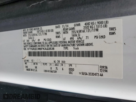 2015 Ford Transit Cargo with VIN 1FTNR2CM6FKA22538, listed as a Copart auction lot 47179125 with 271,259 mi miles and Clean title. Bid and sale history available at DreamBid. Image 13.