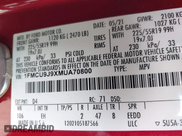 2021 Ford Escape Titanium with VIN 1FMCU9J9XMUA70800, listed as a IAAI auction lot 41717946 with Not Provided miles and . Bid and sale history available at carsss.com. Image 9.