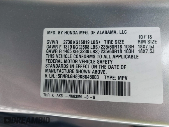 2019 Honda Odyssey Touring with VIN 5FNRL6H89KB045003, listed as a IAAI auction lot 41965310 with 69,043 mi miles. Bid and sale history available at carsss.com. Image 9.
