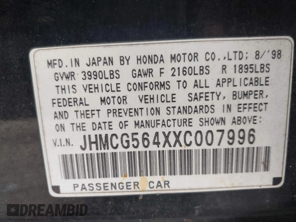 1999 Honda Accord LX z VIN JHMCG564XXC007996, wystawiony jako IAAI lot #42228809 z przebiegiem 342 104 mil mil oraz . Historia ofert i sprzedaży dostępna na DreamBid. Obrazek 9.