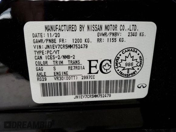 2021 Infiniti Q50 Signature Edition with VIN JN1EV7CR5MM752479, listed as a Copart auction lot 59332895 with 37,884 mi miles and Salvage title. Bid and sale history available at DreamBid. Image 12.