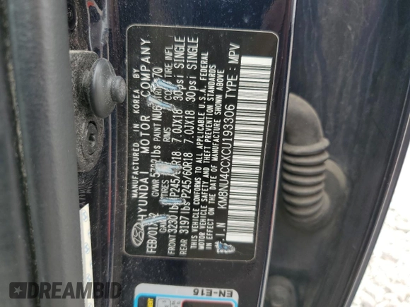 2012 Hyundai Veracruz Limited with VIN KM8NU4CCXCU193306, listed as a Copart auction lot 58224835 with 207,741 mi miles and Salvage title. Bid and sale history available at DreamBid. Image 13.