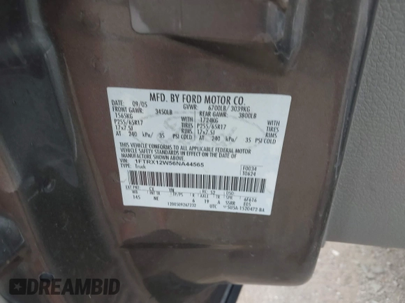 2006 Ford F-150 STX with VIN 1FTRX12W56NA44565, listed as a IAAI auction lot 42536361 with Not provided miles and . Bid and sale history available at DreamBid. Image 9.