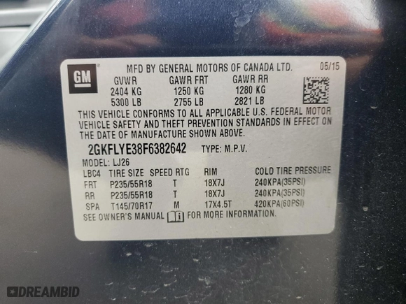 2015 GMC Terrain SLT with VIN 2GKFLYE38F6382642, listed as a Copart auction lot 43946265 with 71,173 mi miles and Salvage Title. Bid and sale history available at carsss.com. Image 14.