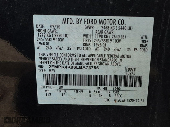 2020 Ford Edge Titanium with VIN 2FMPK4K96LBA73786, listed as a IAAI auction lot 42185779 with 19,483 mi miles. Bid and sale history available at carsss.com. Image 1.