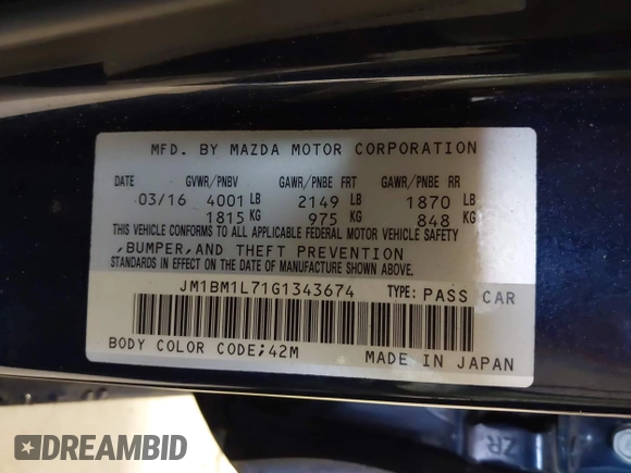 2016 Mazda 3 i Touring with VIN JM1BM1L71G1343674, listed as a IAAI auction lot 41630218 with 70,052 mi miles and . Bid and sale history available at DreamBid. Image 9.