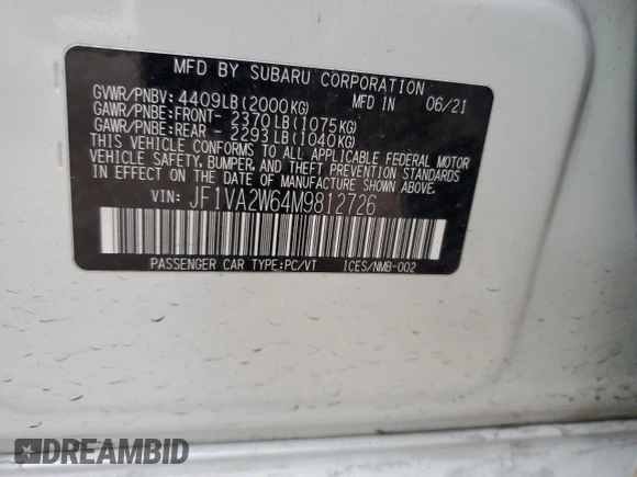 2021 Subaru WRX STI Limited with VIN JF1VA2W64M9812726, listed as a Copart auction lot 41651765 with 43,346 mi miles and Salvage Title. Bid and sale history available at carsss.com. Image 13.