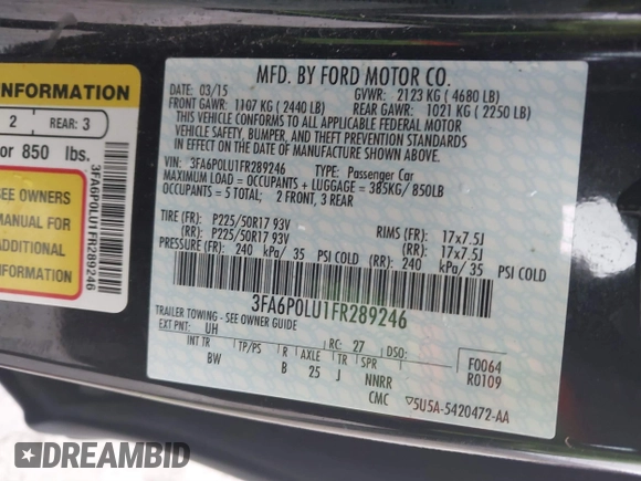 2015 Ford Fusion SE Hybrid with VIN 3FA6P0LU1FR289246, listed as a IAAI auction lot 41733229 with 125,195 mi miles. Bid and sale history available at carsss.com. Image 9.