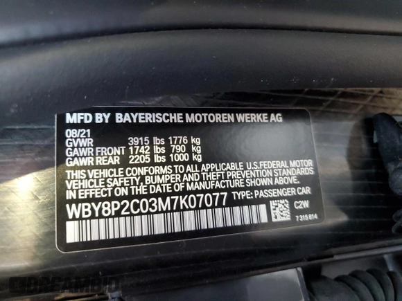 2021 BMW i3 with VIN WBY8P2C03M7K07077, listed as a Copart auction lot 63186024 with 6,381 mi miles and Salvage Title. Bid and sale history available at carsss.com. Image 12.