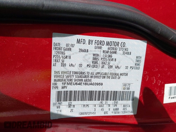 2008 Ford Explorer Eddie Bauer with VIN 1FMEU64E18UA03959, listed as a IAAI auction lot 41644178 with 97,717 mi miles. Bid and sale history available at carsss.com. Image 9.