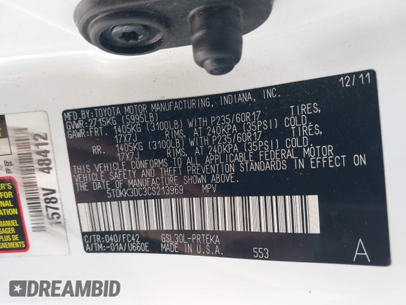 2012 Toyota Sienna LE AAS with VIN 5TDKK3DC3CS213969, listed as a IAAI auction lot 41822753 with 95,766 mi miles and . Bid and sale history available at DreamBid. Image 9.