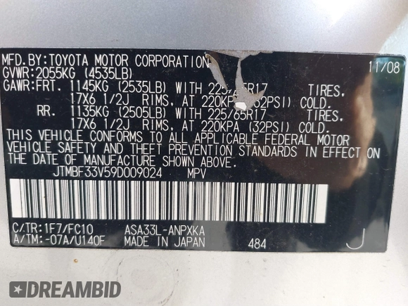 2009 Toyota RAV4 with VIN JTMBF33V59D009024, listed as a IAAI auction lot 39425315 with 116,830 mi miles. Bid and sale history available at carsss.com. Image 9.