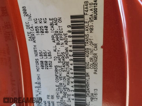 2009 Mitsubishi Eclipse GS with VIN 4A3AK24F49E041009, listed as a Copart auction lot 43630935 with 172,715 mi miles and Salvage Title. Bid and sale history available at DreamBid. Image 15.