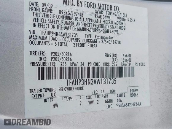 2010 Ford Focus SEL with VIN 1FAHP3HN3AW131735, listed as a IAAI auction lot 41887471 with 114,320 mi miles. Bid and sale history available at carsss.com. Image 9.