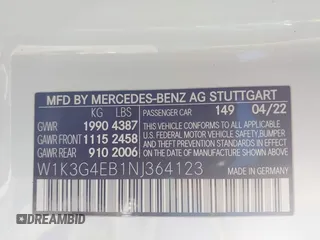 2022 Mercedes-Benz A 220 with VIN W1K3G4EB1NJ364123, listed as a IAAI auction lot 41593062 with 26,746 mi miles and . Bid and sale history available at DreamBid. Image 9.